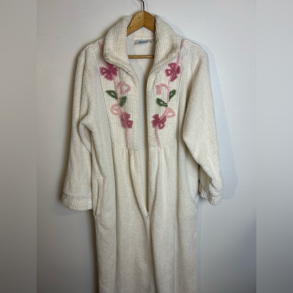 National Vintage Towel Robe Floral Embroidered Mid zip Size M Chic 90s Romantic - Picture 6 of 16